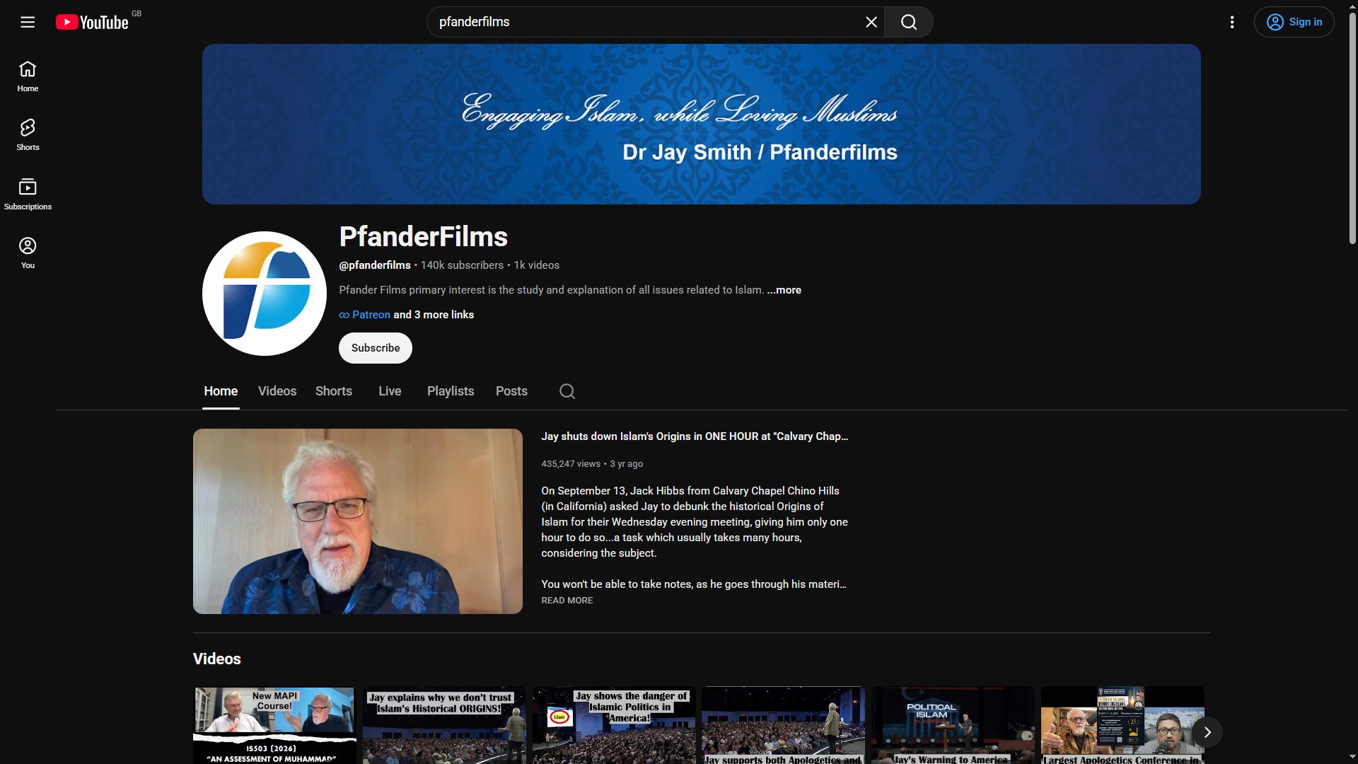 PfanderFilms YouTube channel page, showing 140k subscribers and approximately 1,000 videos on 18 October 2026